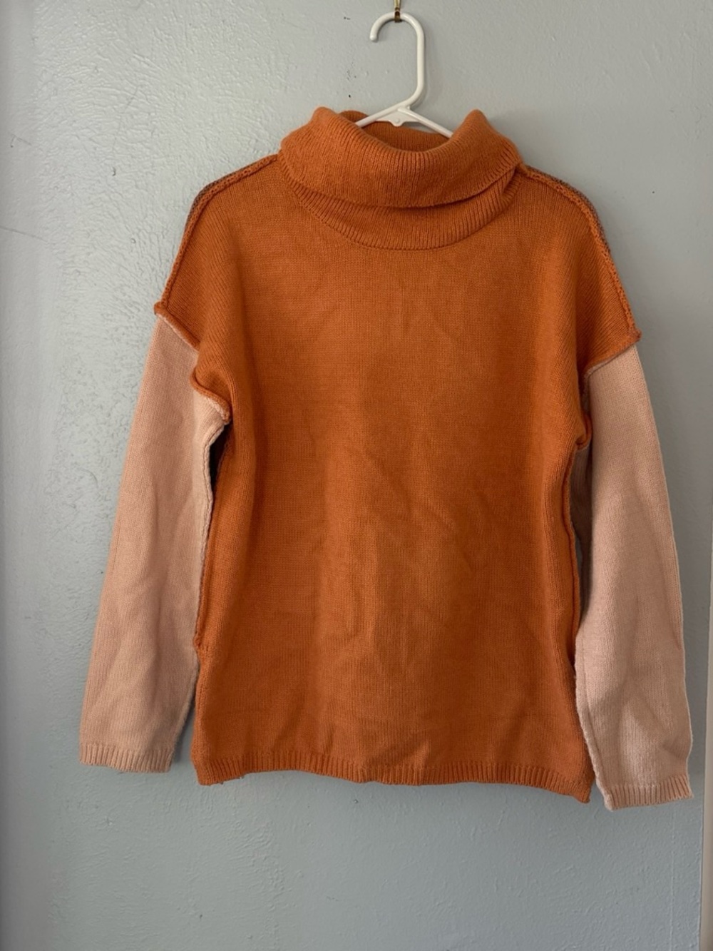 Two-Tone Cowl Neck Sweater in Rust & Blush